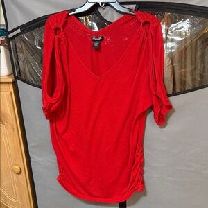 Elegant Red V-Neck Blouse with Open Shoulder